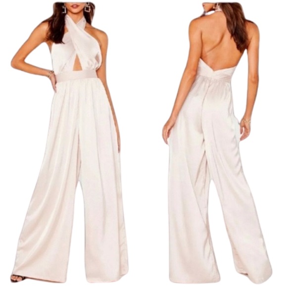Nasty Gal Pants - NWT Nasty Gal “Oh What A Night” Champagne Satin Halter Wide Leg Jumpsuit